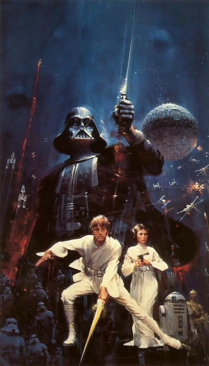 A dynamic scene from Star Wars features Darth Vader looming over Luke Skywalker and Princess Leia, with C-3PO and R2-D2 in the background, alongside the iconic Death Star.
