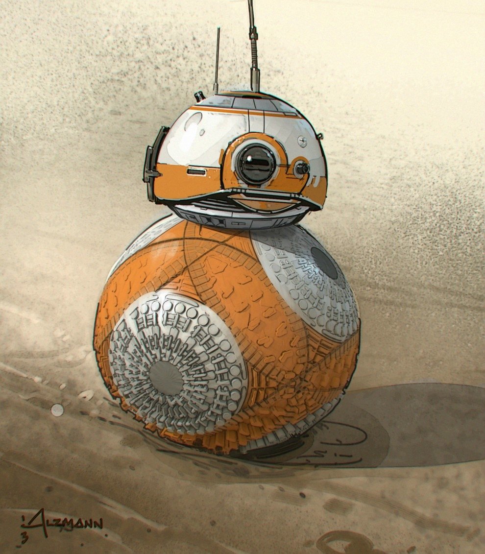 A whimsical illustration of BB-8, the beloved droid from Star Wars, showcasing its distinctive orange and white spherical design against a sandy background, embodying the essence of sci-fi adventure.