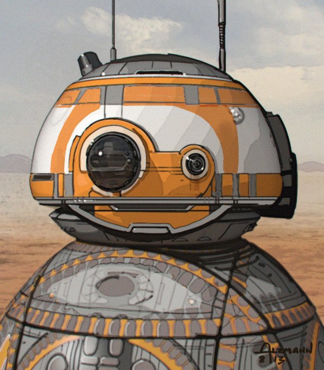 Illustration of BB-8, the orange and white astromech droid from Star Wars, set against a desert landscape, highlighting the sci-fi iconic character.