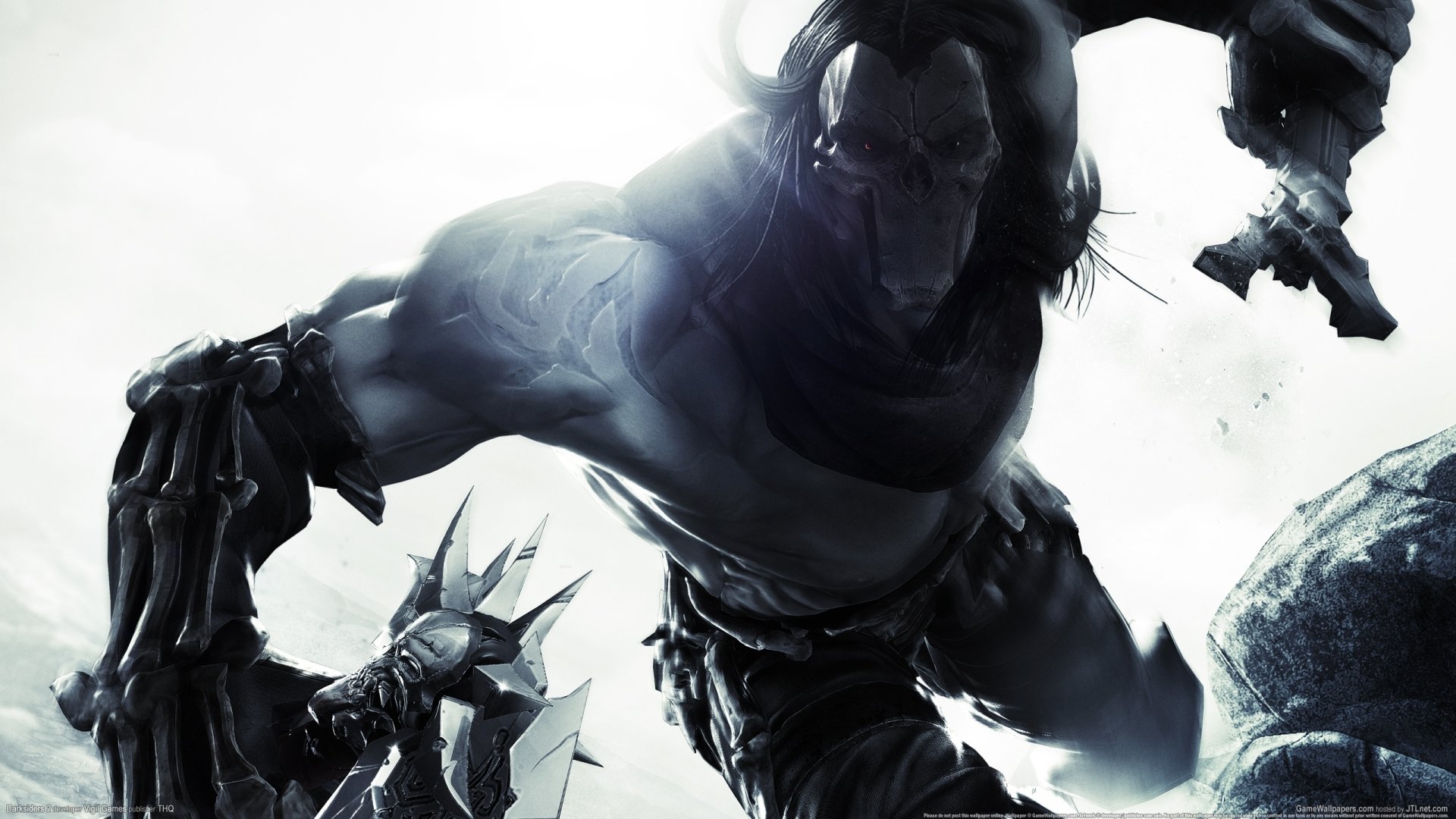 Screenshot from the Xbox 360 video game Darksiders II, featuring a dark, muscular character in action with a weapon.