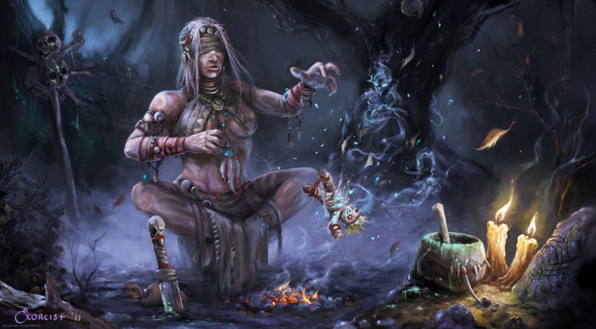 A shaman in a dark forest uses magic on a voodoo doll, surrounded by glowing candles and mystical energy in a fantasy setting.