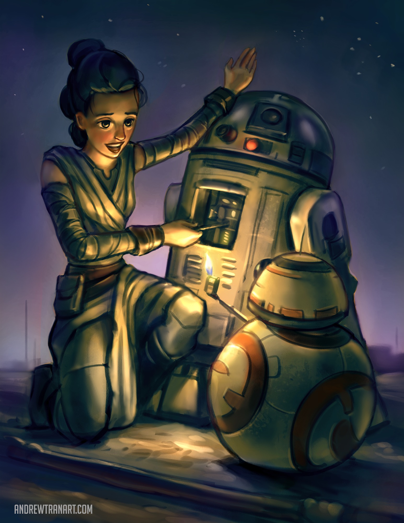 Rey interacts joyfully with R2-D2 and BB-8 in this vibrant Star Wars scene, showcasing a moment of camaraderie among beloved droids and the iconic hero.
