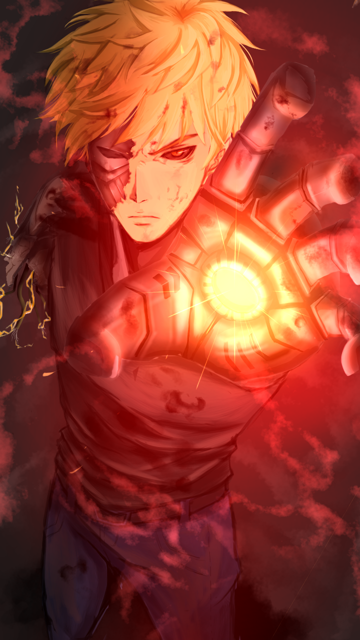Genos (One-Punch Man) — anime cyborg with blond hair, damaged face and outstretched hand firing a blazing red energy core from his palm.