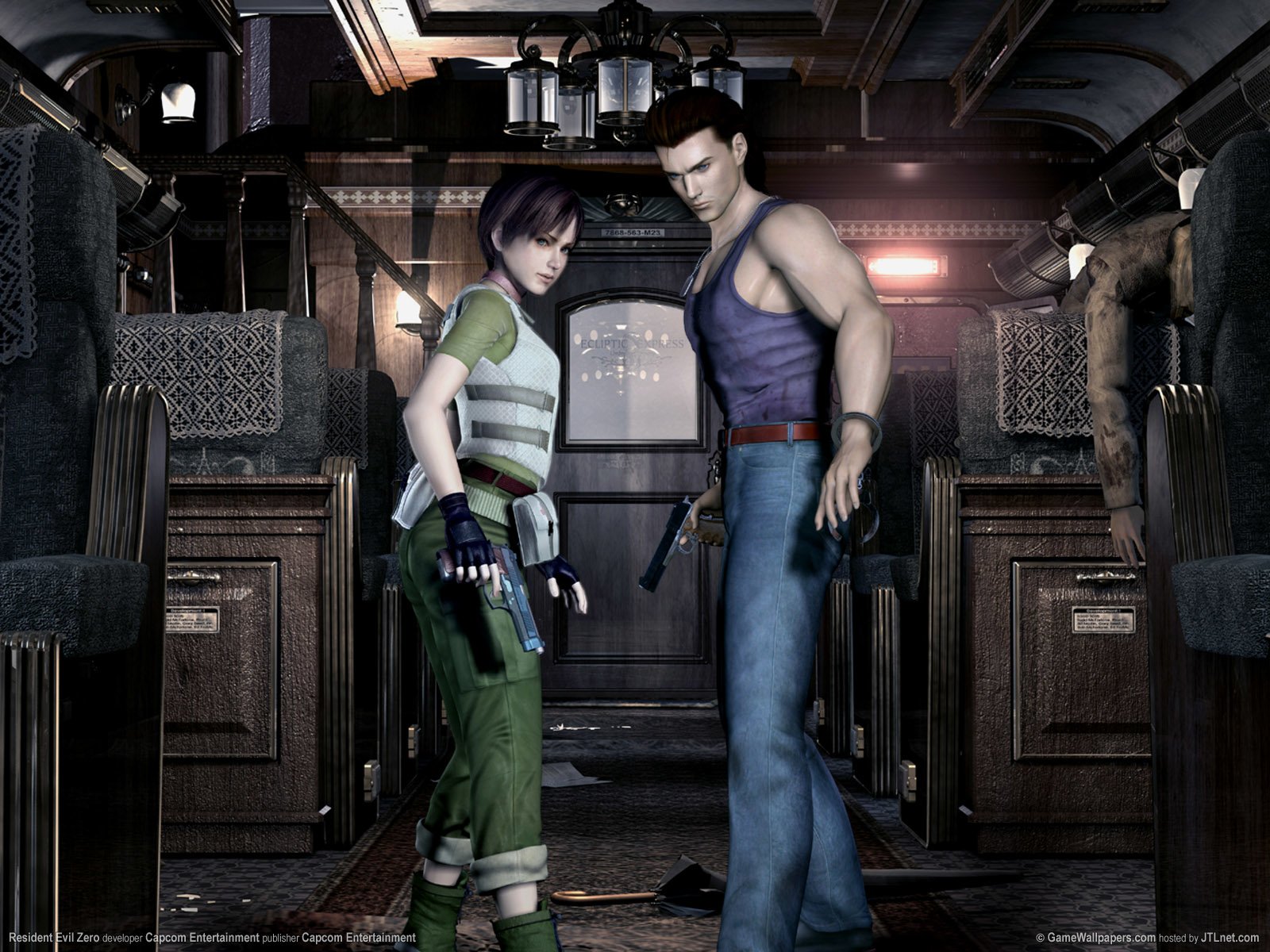 Rebecca Chambers and Billy Coen from Resident Evil 0, armed and wary inside a dim, decaying train carriage.