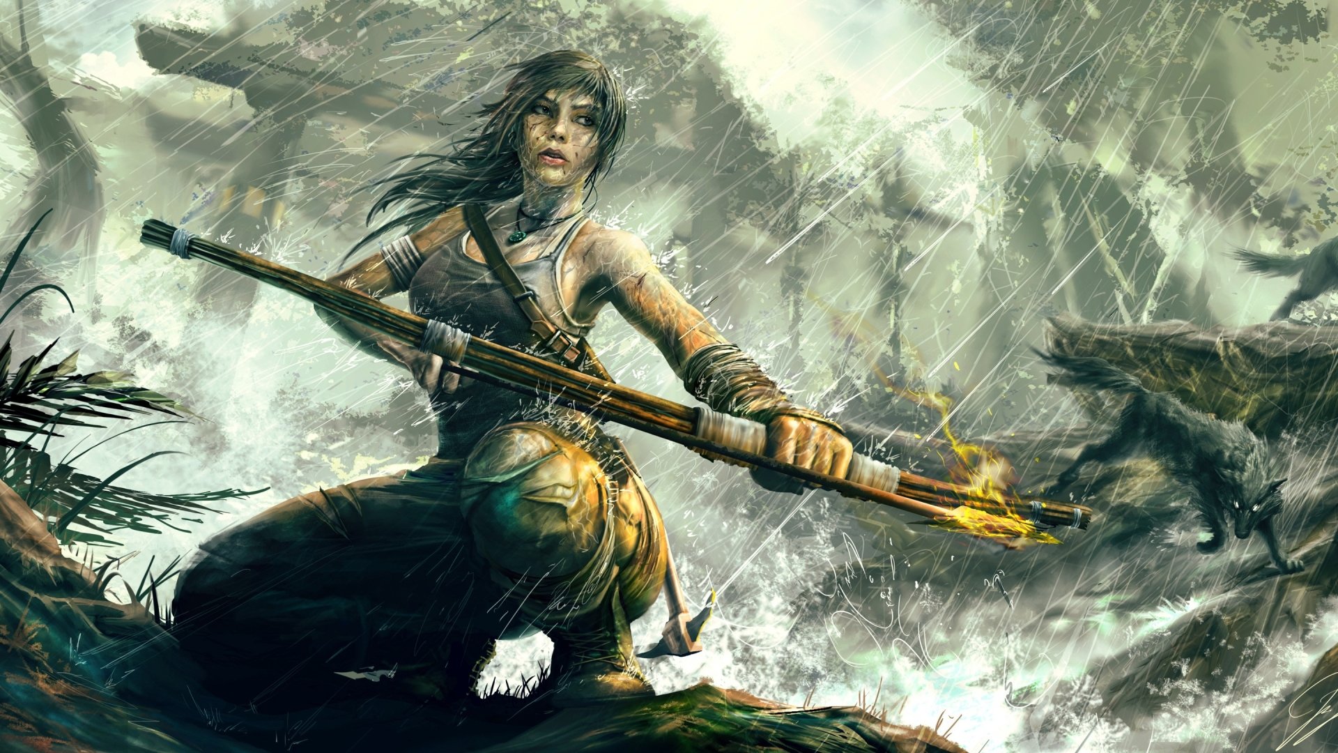 Tomb Raider video game art: Lara Croft crouches on a rain-swept jungle rock, holding a spear as a snarling wolf circles in the storm.
