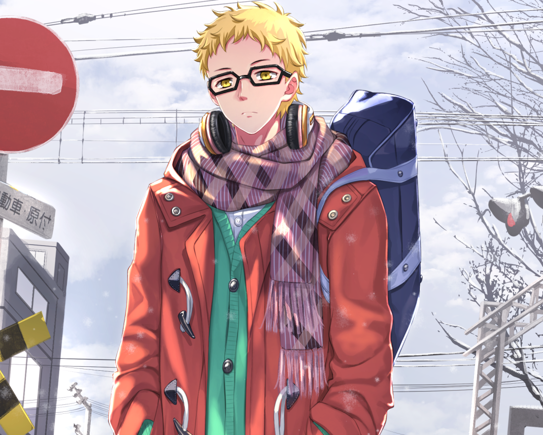 Anime character Kei Tsukishima from Haikyū!! stands in a winter snowfall, wearing headphones, a scarf, glasses, and a red jacket, with his blonde hair and yellow eyes visible.