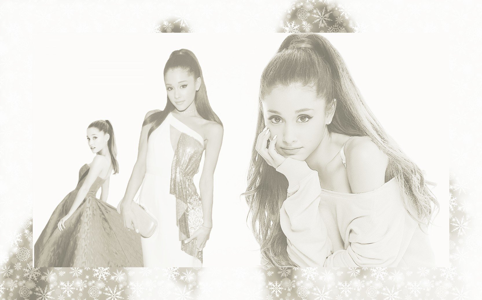Black-and-white collage featuring celebrity Ariana Grande in elegant and casual poses with long hair styled in a high ponytail.
