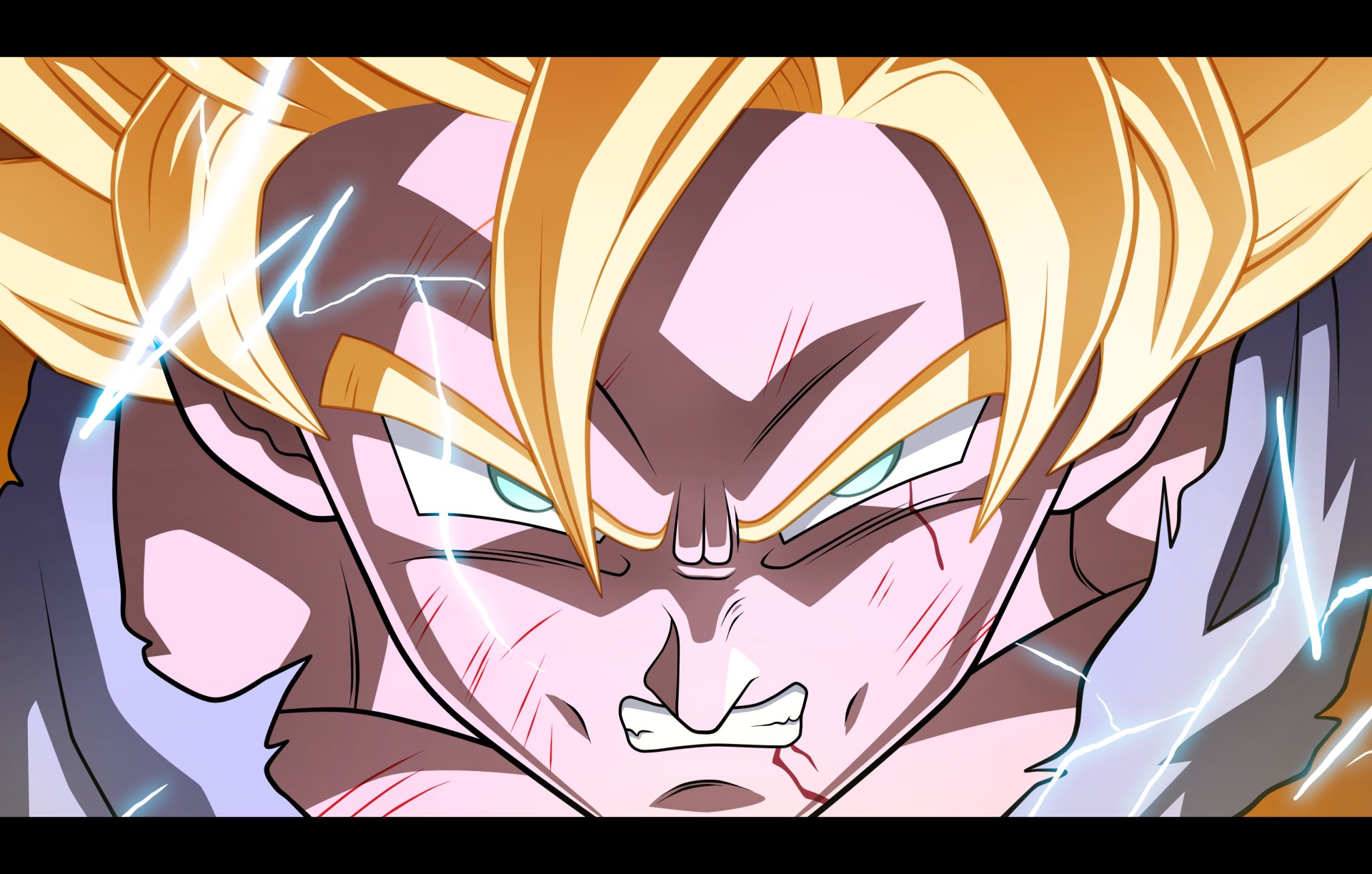 Goku from Dragon Ball Z, depicted with intense determination, his iconic spiky golden hair illuminated against a dark backdrop, showcasing his fierce energy and battle-ready spirit.