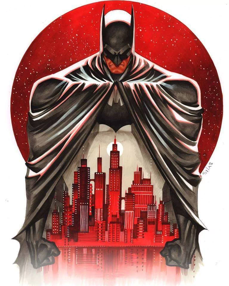 Batman looms ominously over Gotham City, depicted in a striking comic style against a red backdrop, embodying the essence of DC Comics.