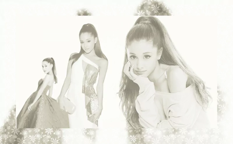Black-and-white collage featuring celebrity Ariana Grande in elegant and casual poses with long hair styled in a high ponytail.