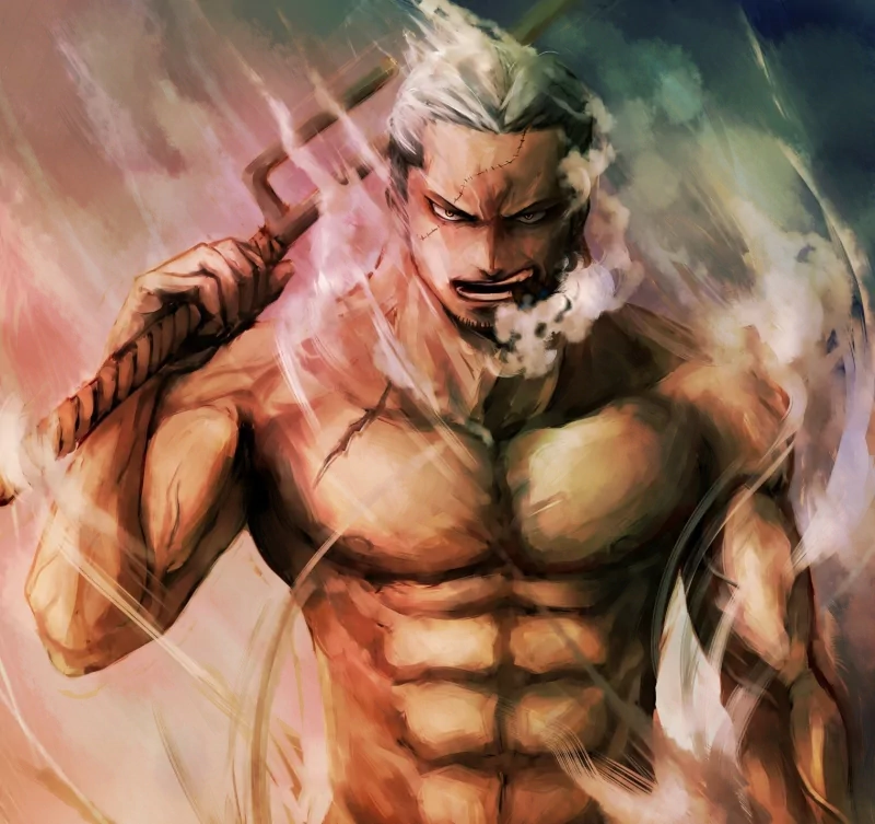A muscular marine character with white hair exhales smoke from a cigar, embodying adventure and comedy in a vibrant anime style inspired by One Piece.