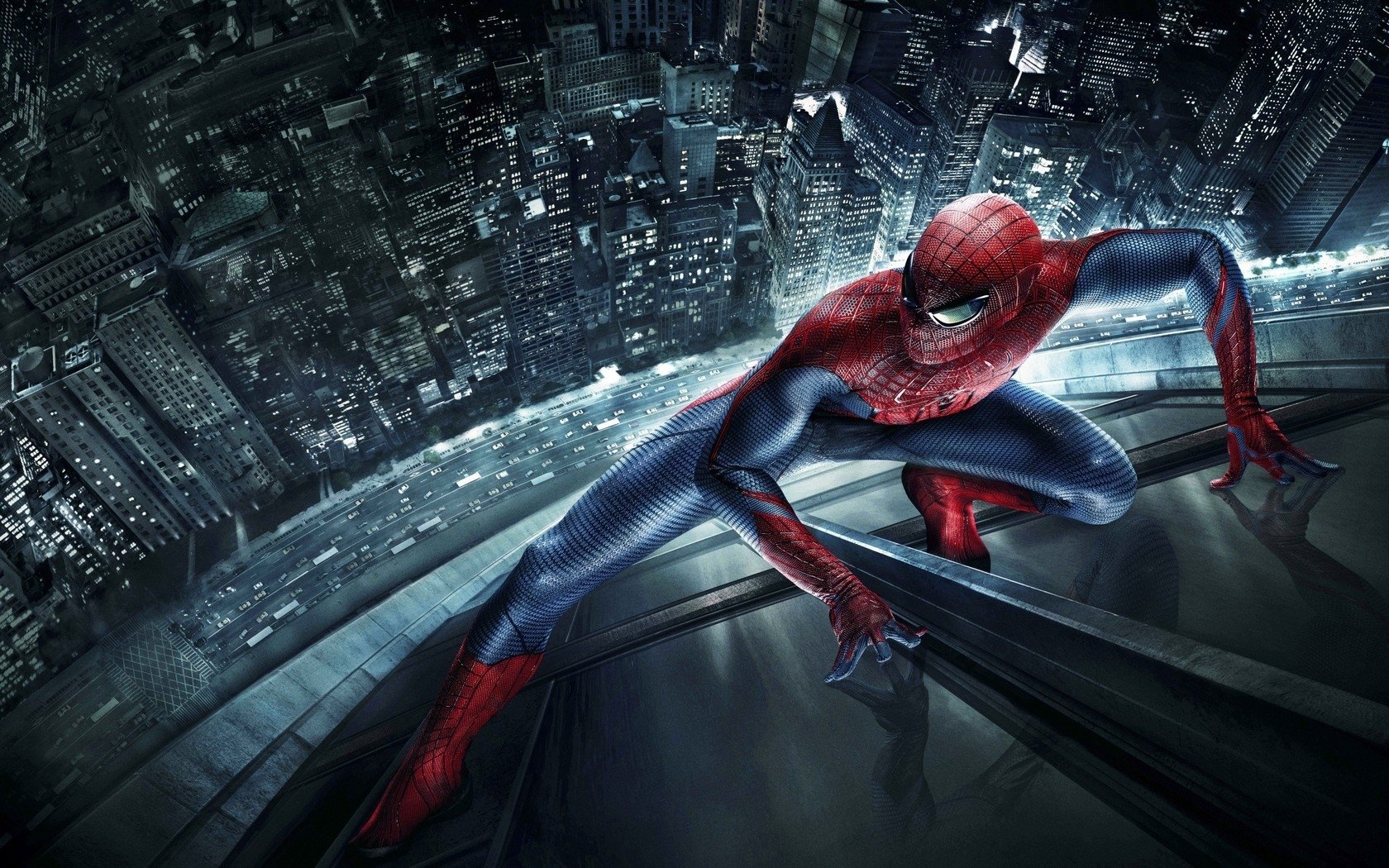 Spider-Man in The Amazing Spider-Man crouches on a rooftop edge, poised above a glowing nighttime city skyline.