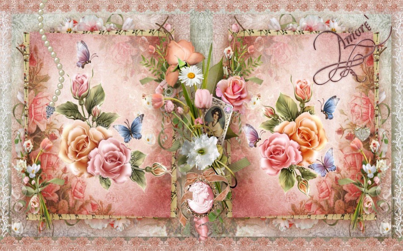 An artistic vintage design featuring pink and mauve flowers, delicate butterflies, and soft pastel backgrounds, evoking feelings of love and nostalgia.