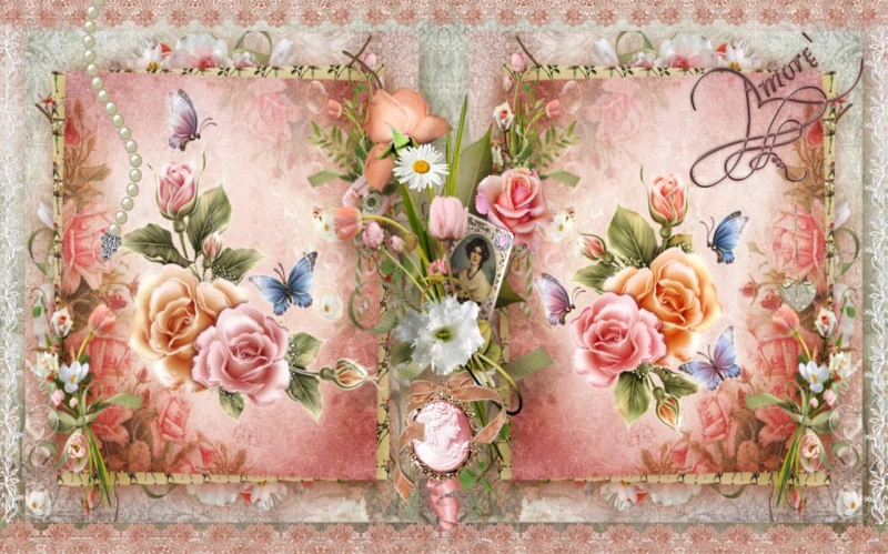 An artistic vintage design featuring pink and mauve flowers, delicate butterflies, and soft pastel backgrounds, evoking feelings of love and nostalgia.
