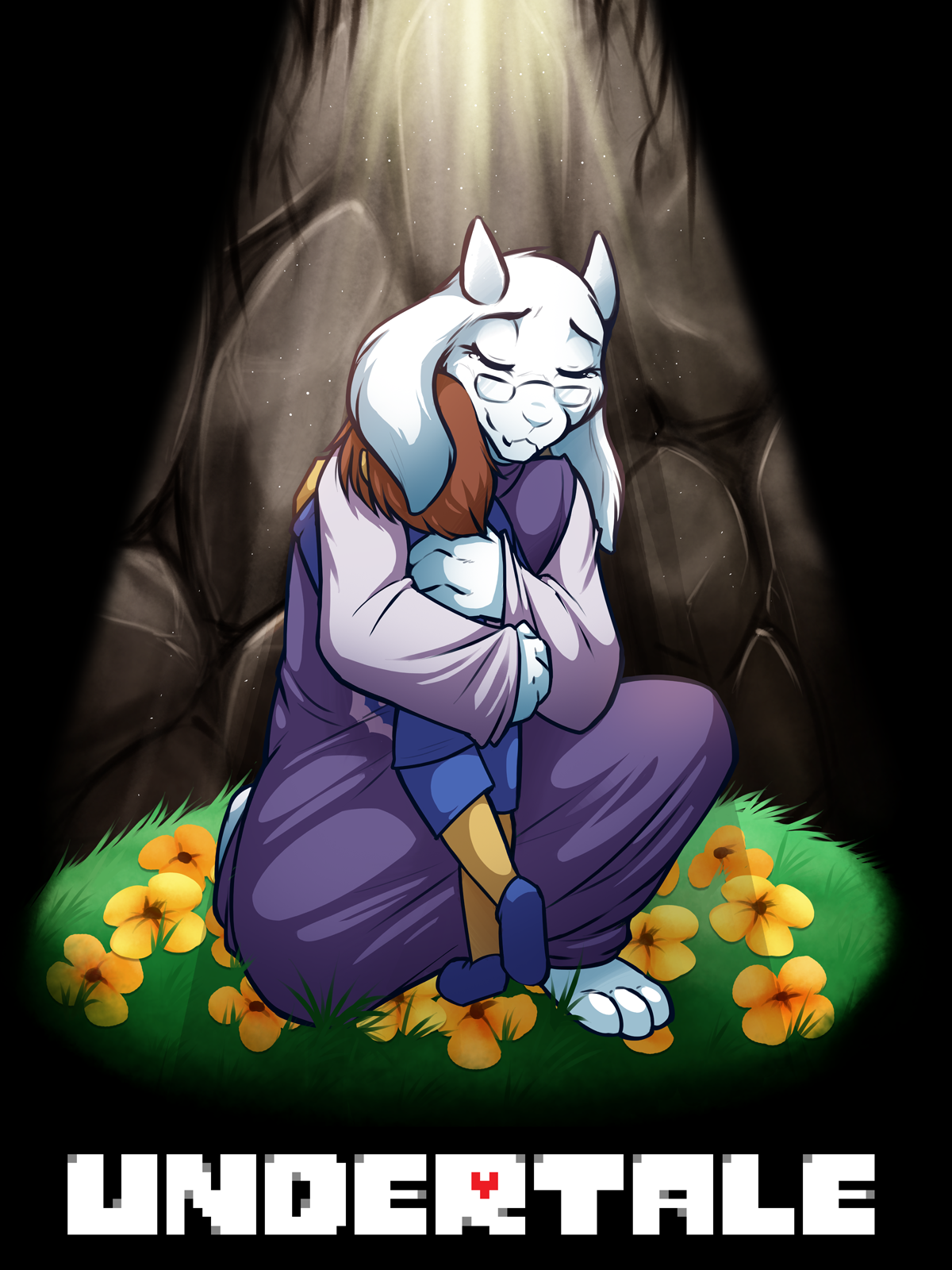 Fan art of Undertale characters featuring a comforting embrace in an asylum-like setting, with warm light shining down on them surrounded by yellow flowers.