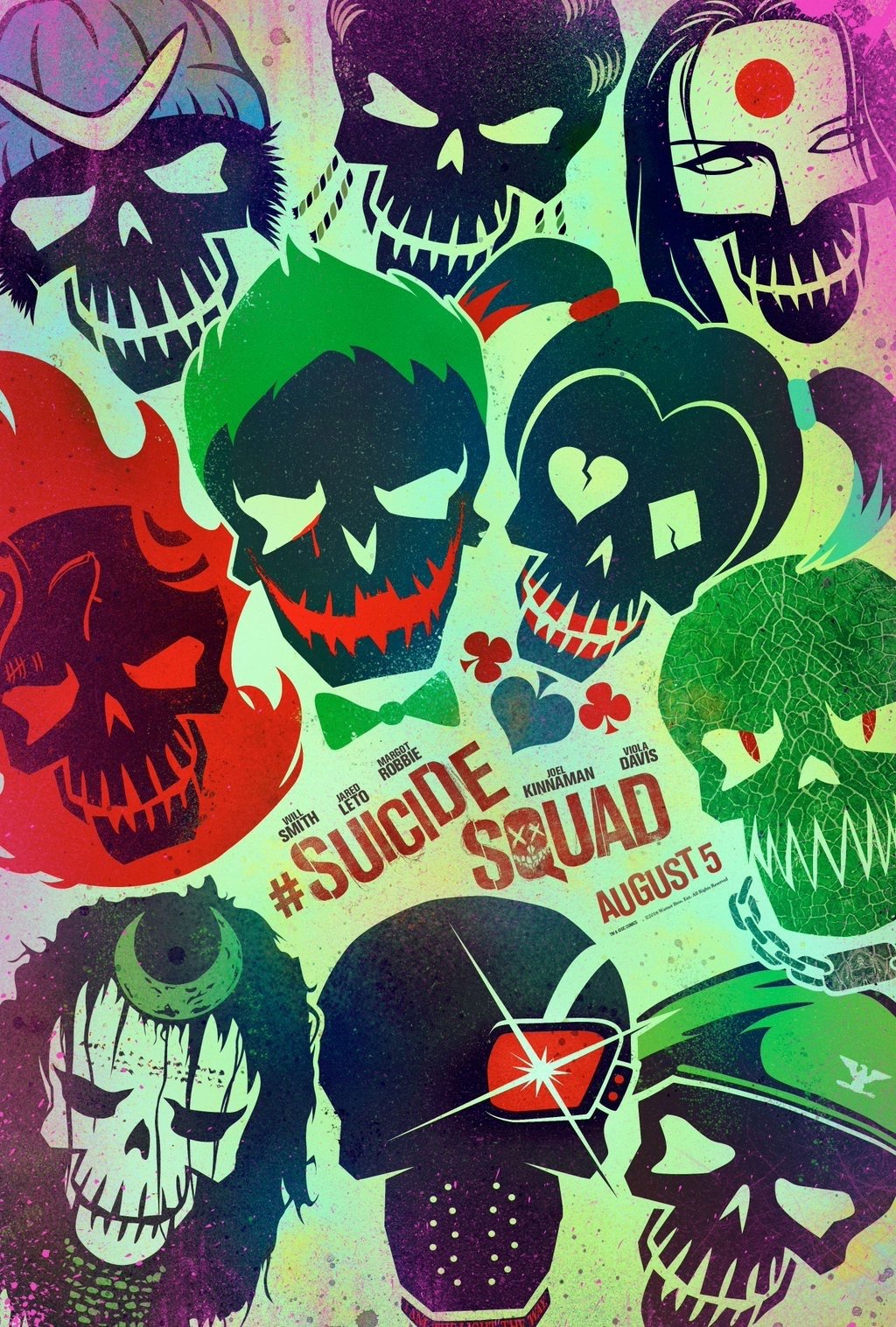 A vibrant poster featuring stylized skulls representing characters from the movie Suicide Squad, framed with bold colors and the release date of August 5.