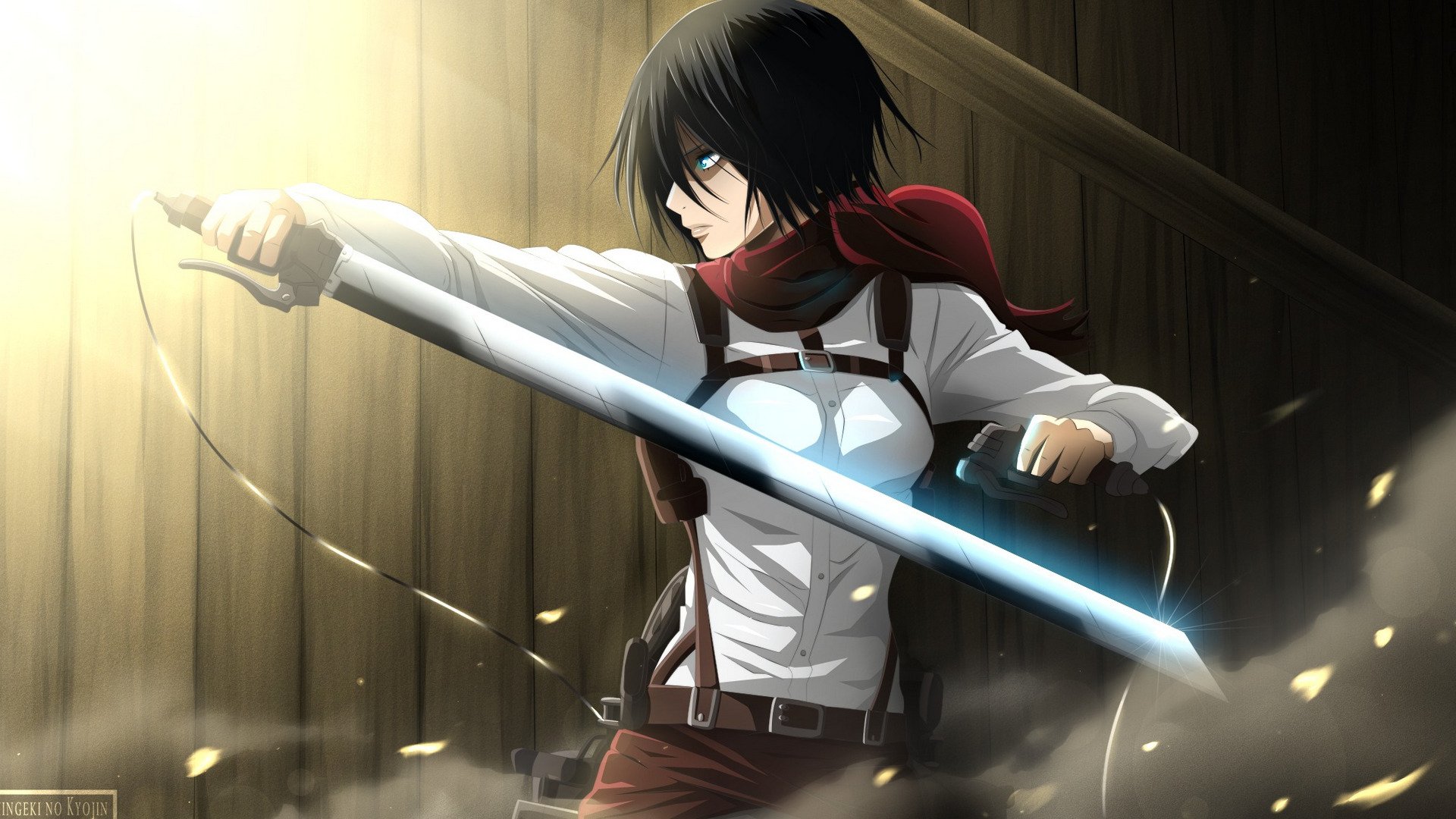 Mikasa Ackerman from Attack on Titan with short black hair, wearing her signature red scarf, wielding a weapon in a dramatic, light-filled scene.