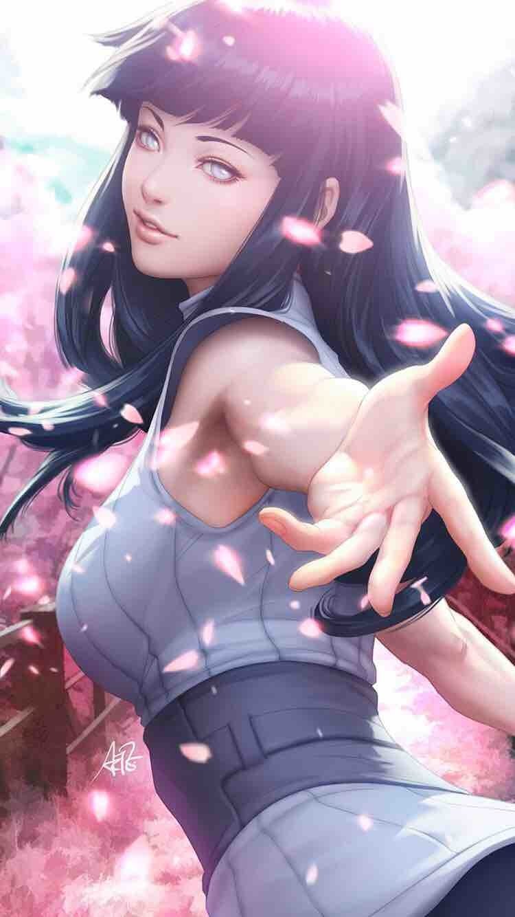 A stunning anime illustration from Naruto features a woman with long black hair, reaching out amid falling cherry blossoms, exuding grace and strength.