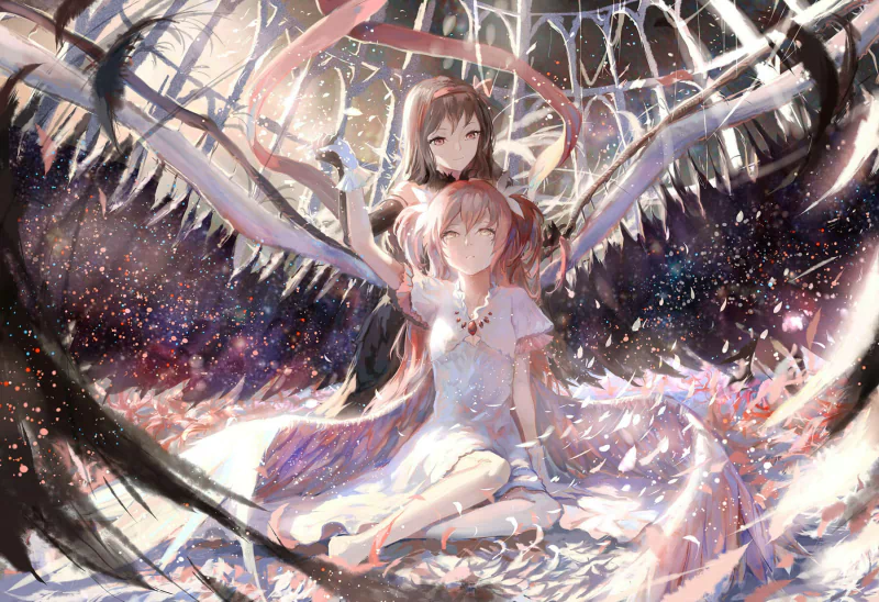 Homura Akemi stands behind Madoka Kaname (Puella Magi Madoka Magica), ethereal wings, flowing ribbons and scattered petals in a luminous, cosmic, dreamlike scene.