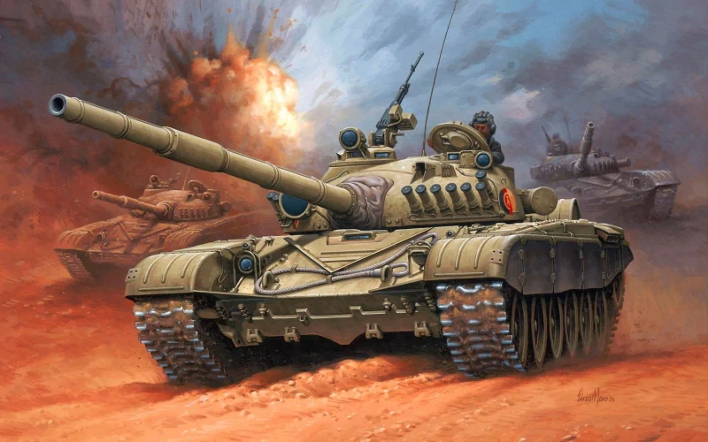 Military T-72 tank advancing across a dusty battlefield, main gun forward, explosions and other armored vehicles in the smoky background.