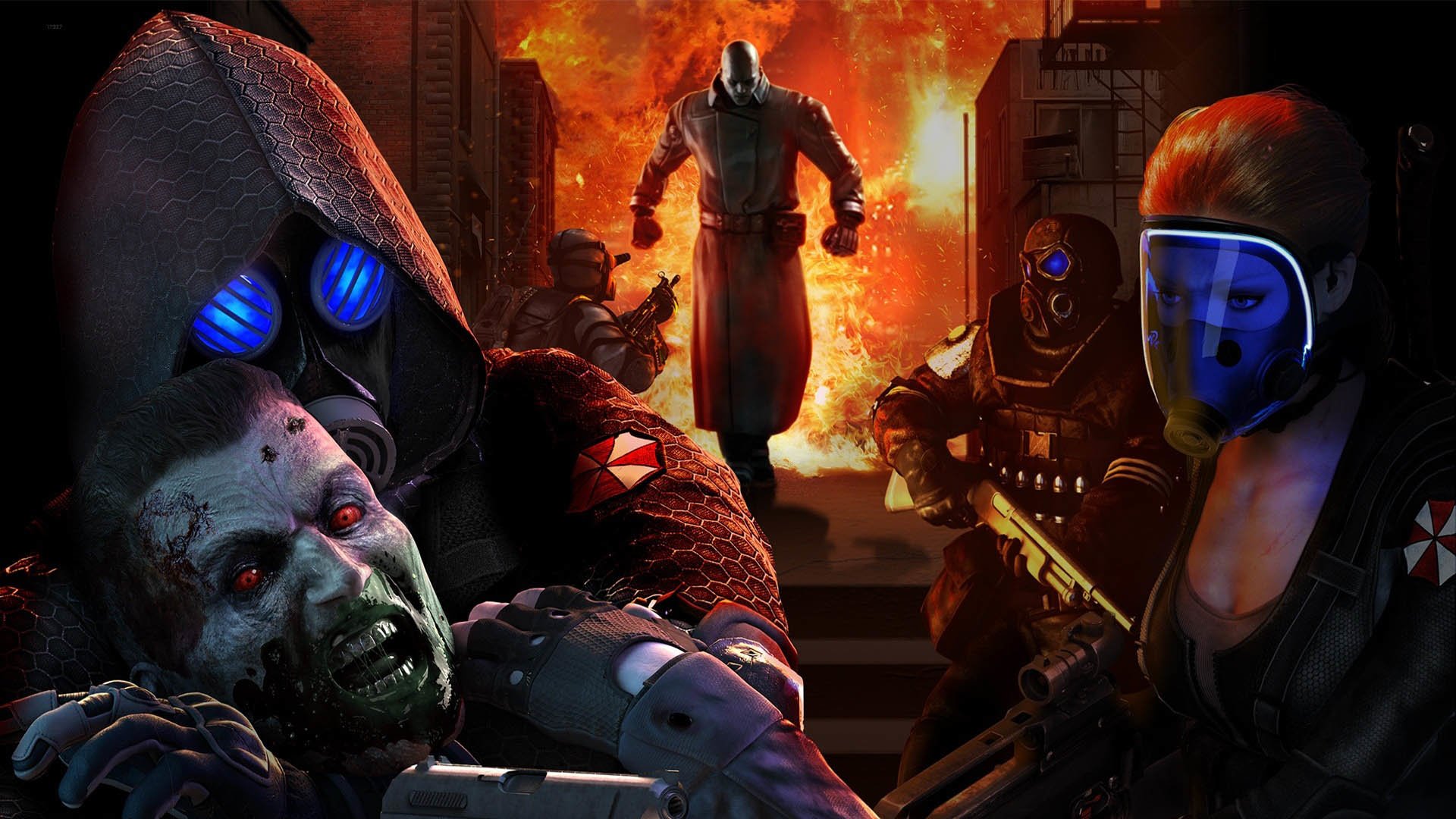 Scene from the video game Resident Evil: Operation Raccoon City featuring armed characters confronting a zombie with a fiery explosion in the background.