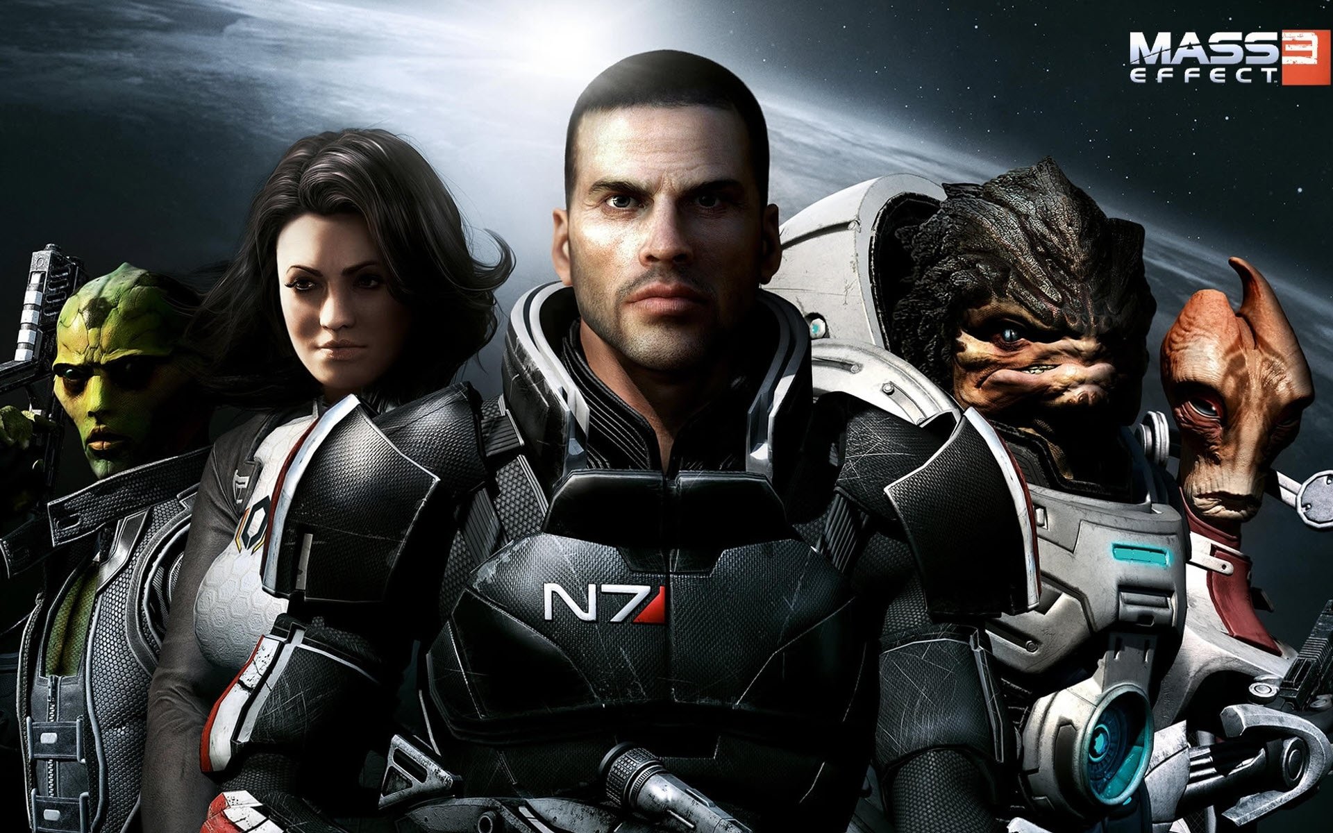 Commander Shepard, Miranda Lawson, Thane Krios, Grunt, and Mordin Solus from Mass Effect 3 stand together, showcasing their iconic characters in the sci-fi video game.