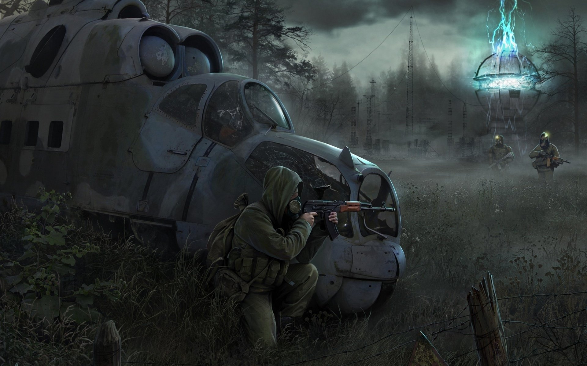 A scene from the video game S.T.A.L.K.E.R. shows a soldier aiming a rifle near an abandoned helicopter in a dark, foggy forest with eerie blue energy floating above.