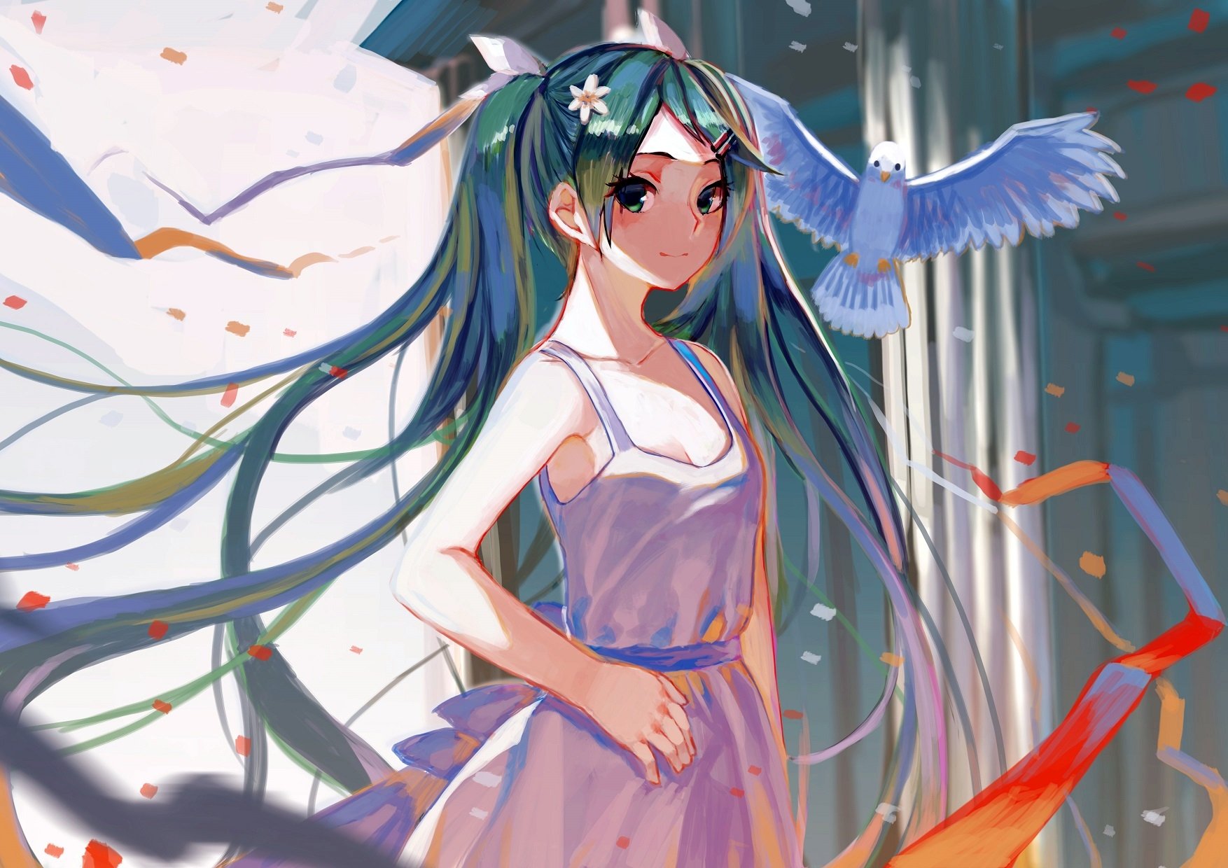 Download Hatsune Miku Blue Eyes Blue Hair Bird Pigeon Flower Ribbon White Dress Smile Twintails Anime Vocaloid Anime Bird Art