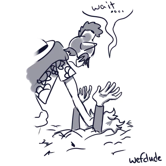 Anime-style sketch from One Piece shows a character reaching out to another who is sinking into sand or snow, with wait... written above.