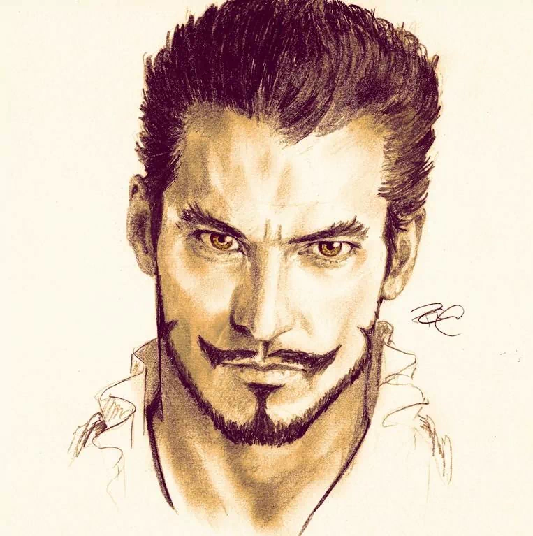 Sketch of Dracule Mihawk from the anime One Piece, featuring his intense gaze, sharp facial hair, and signature high-collared outfit.