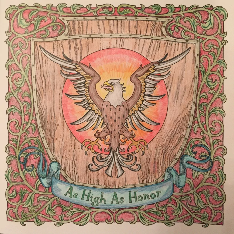 A colorful illustration featuring a stylized phoenix with the phrase As High As Honor, inspired by the TV show Game of Thrones, set within an ornate frame.