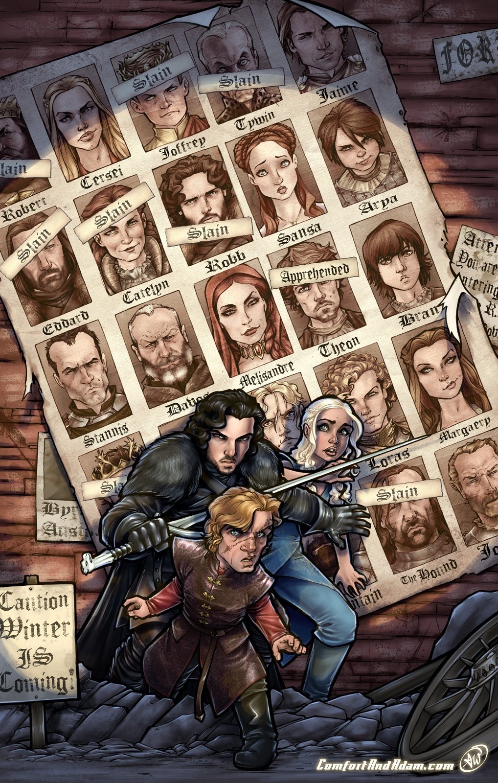 Illustration from the TV show Game of Thrones featuring key characters in a brawl with a Most Wanted poster highlighting slain and missing figures in the background.