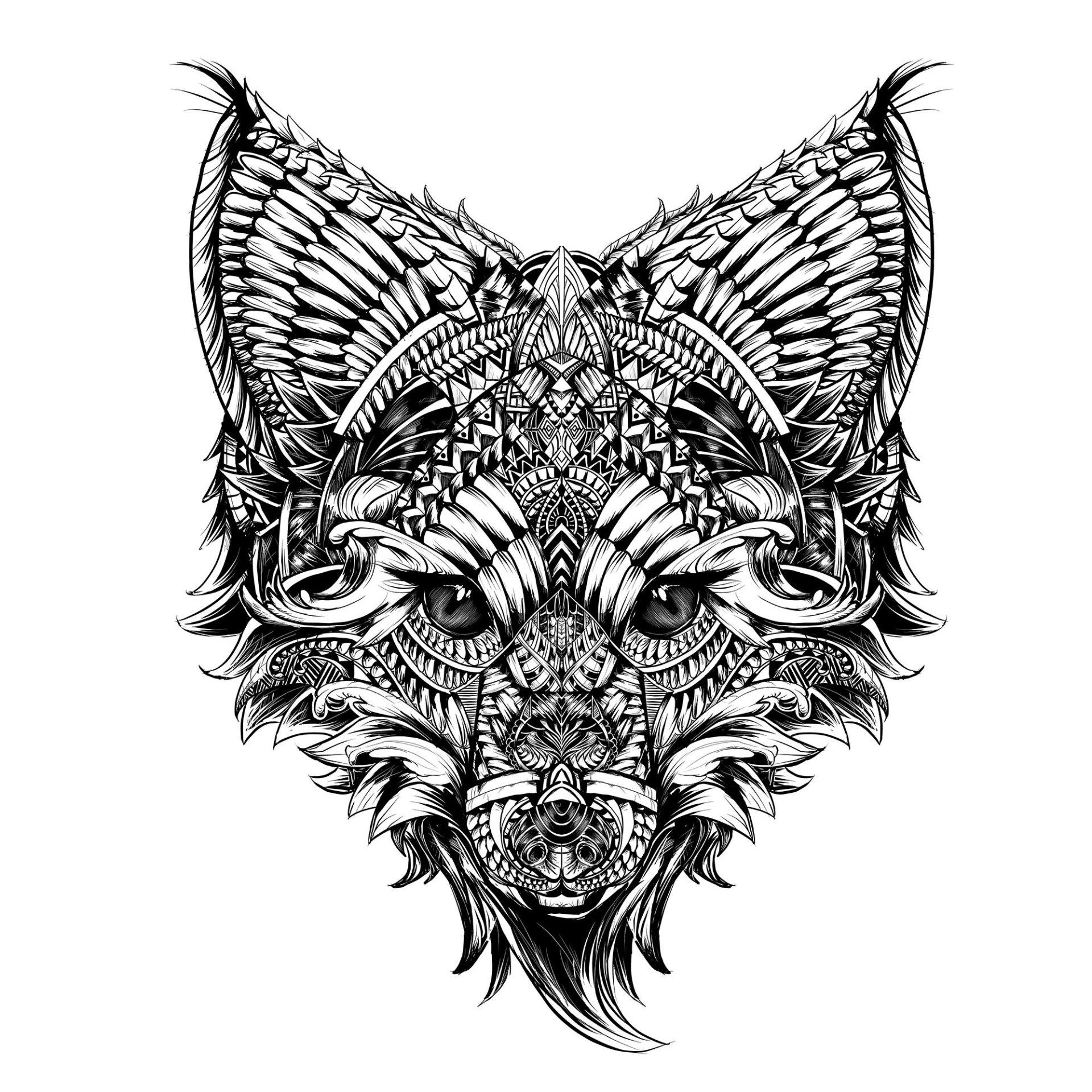 A detailed black-and-white illustration of a fox's face, showcasing intricate patterns and textures in its fur and features.
