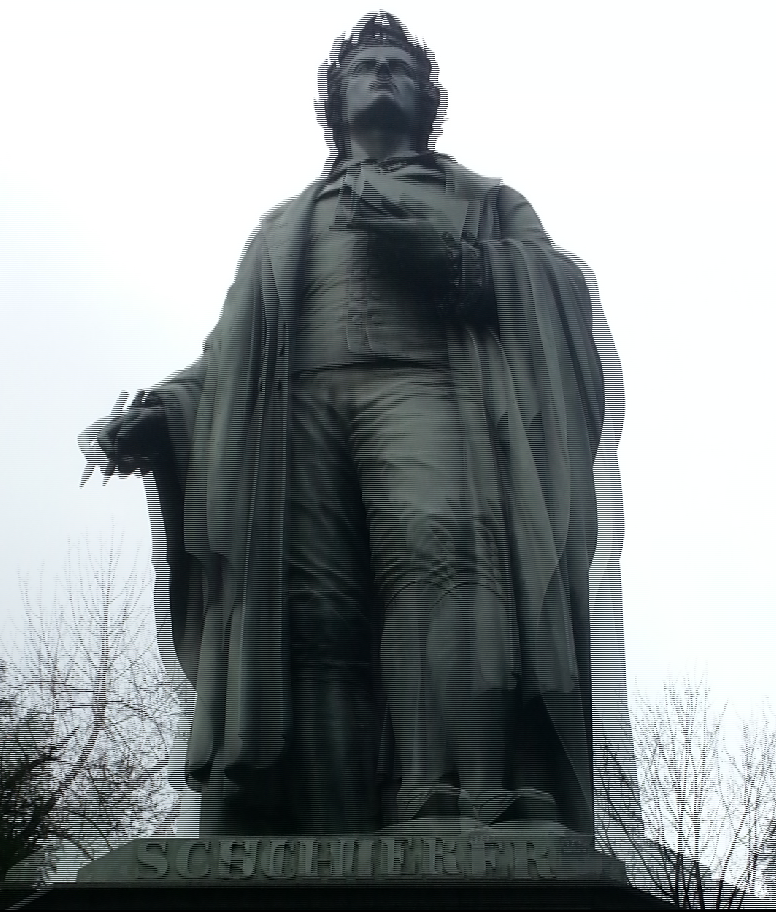 A 3D, interlaced statue of a man stands prominently, showcasing intricate details in its design. Surrounding trees add to the somber atmosphere.