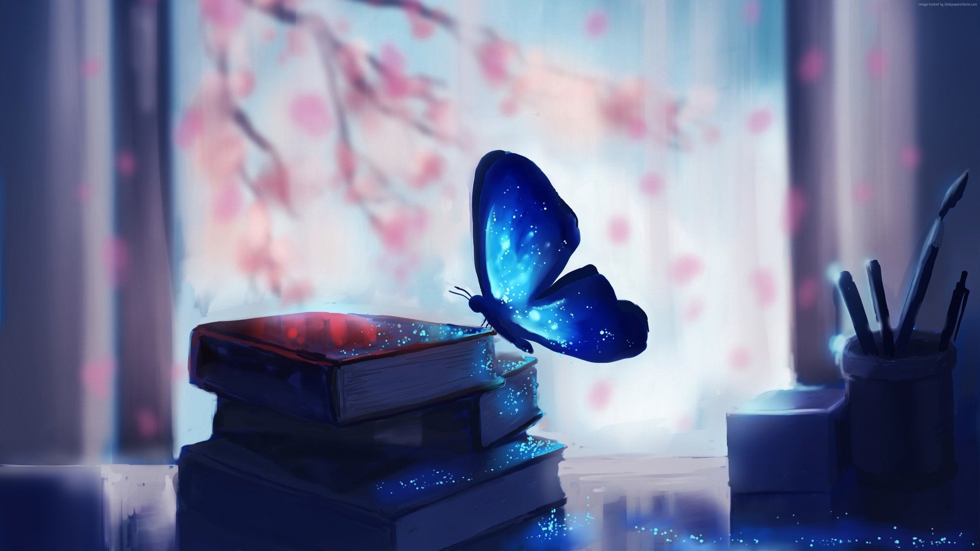 A shimmering blue butterfly, glowing with glitter, rests atop a stack of books, casting soft shadows against a dreamy backdrop with hints of pink blossoms.