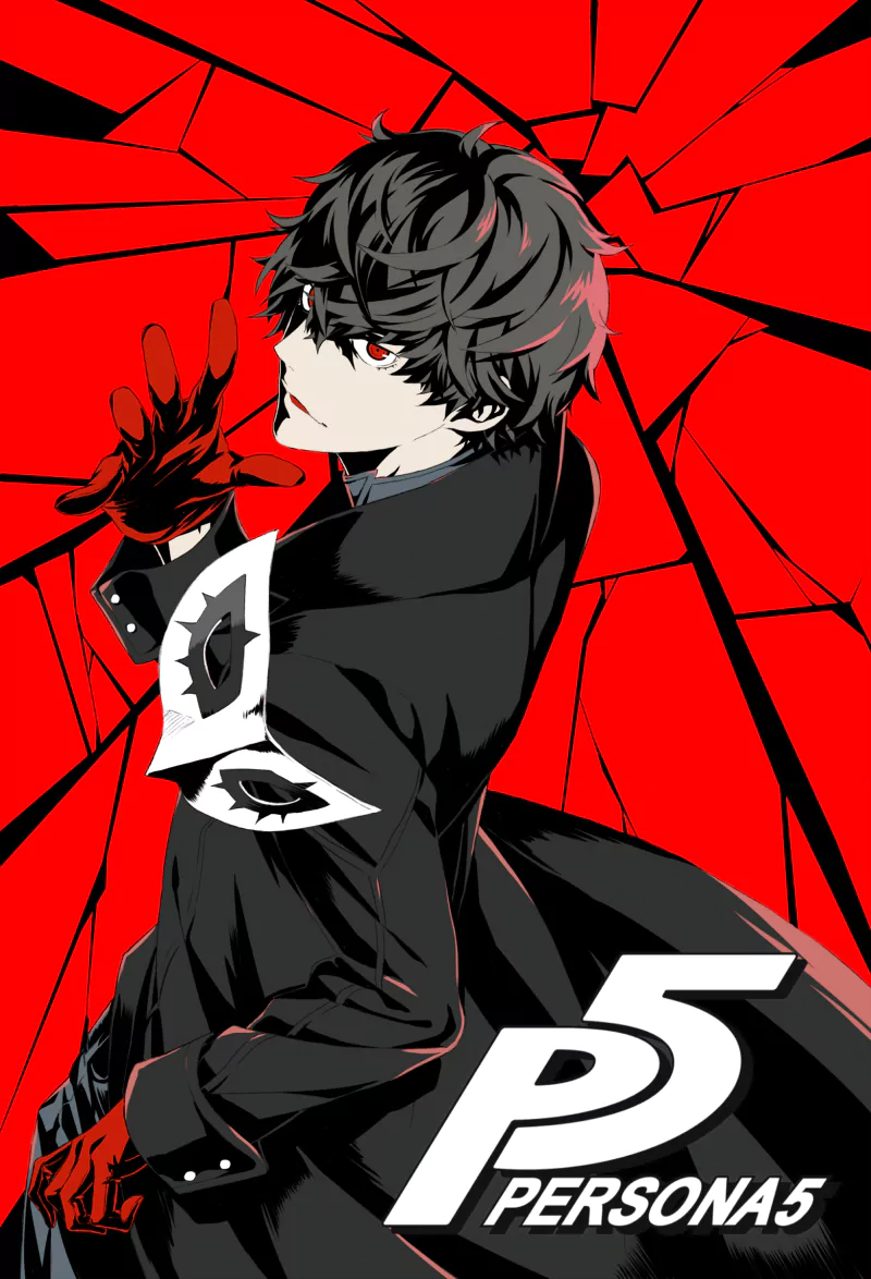 Anime-style protagonist from the video game Persona 5 stands against a shattered red background, wearing a black outfit with red gloves and an eye motif.