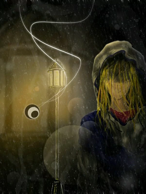 Artistic night scene of a sad woman in a hooded coat standing in rain beside a glowing streetlamp, wet hair obscuring her face, with swirling light trails and muted colors.