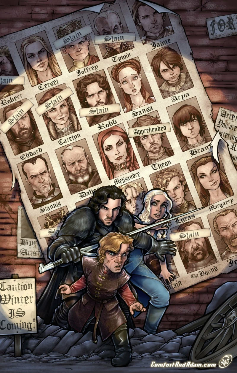 Illustration from the TV show Game of Thrones featuring key characters in a brawl with a Most Wanted poster highlighting slain and missing figures in the background.
