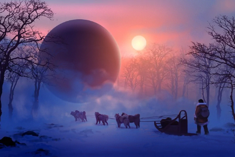 A serene, artistic scene featuring a figure with a sled and dogs, set against a large celestial body during a colorful sunset in a snowy landscape.