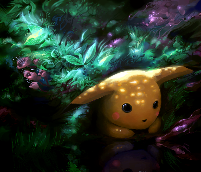 A cute Pikachu peeks through vibrant, magical foliage in this fantasy art piece, capturing the essence of the beloved Pokémon video game series.