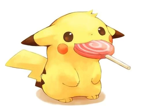Pikachu, the beloved cartoon character from the Pokémon video game series, happily enjoys a colorful lollipop.