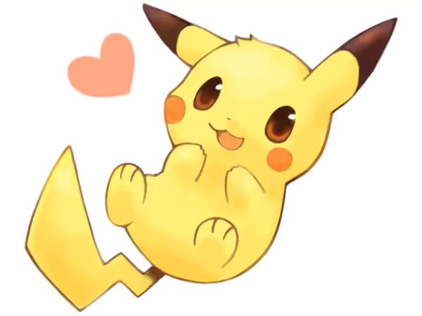 A cute Pikachu from the Pokémon video game series is depicted, smiling and playfully posing with a heart above, showcasing its charming cartoon style.