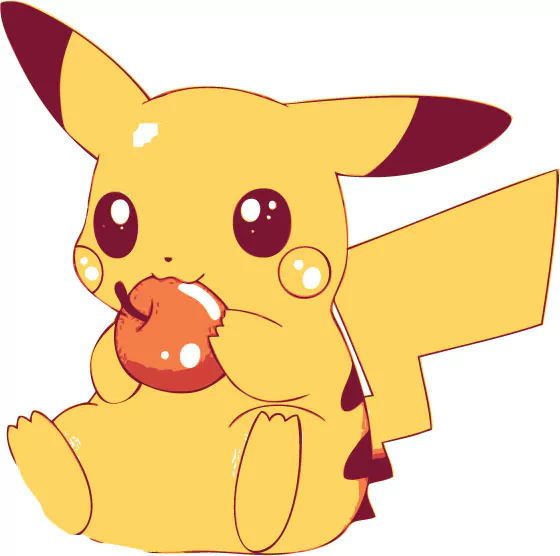 A cute Pikachu from the Pokémon video game munches on an apple, showcasing its playful character and love for snacks.