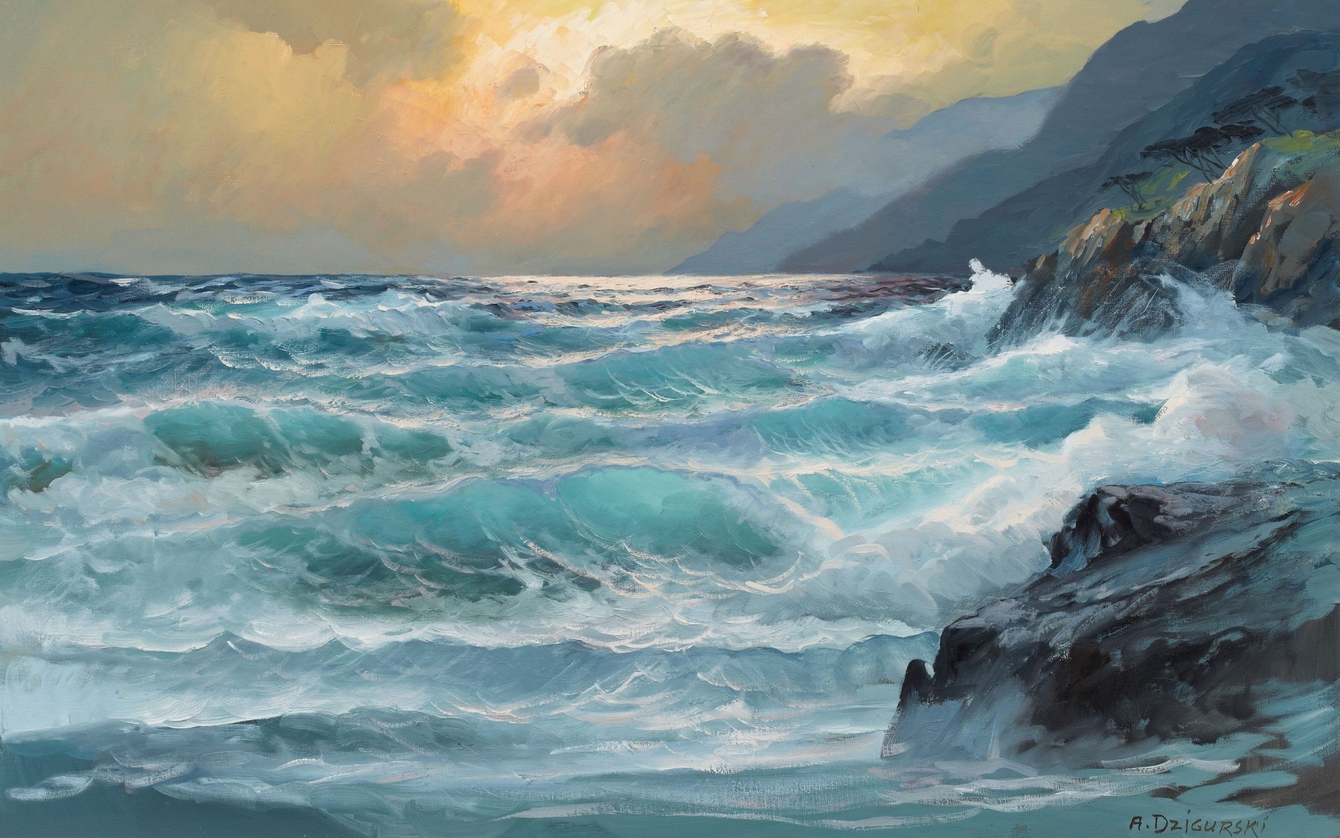 Ocean Waves Crashing into Rocks by A. Dzigurski