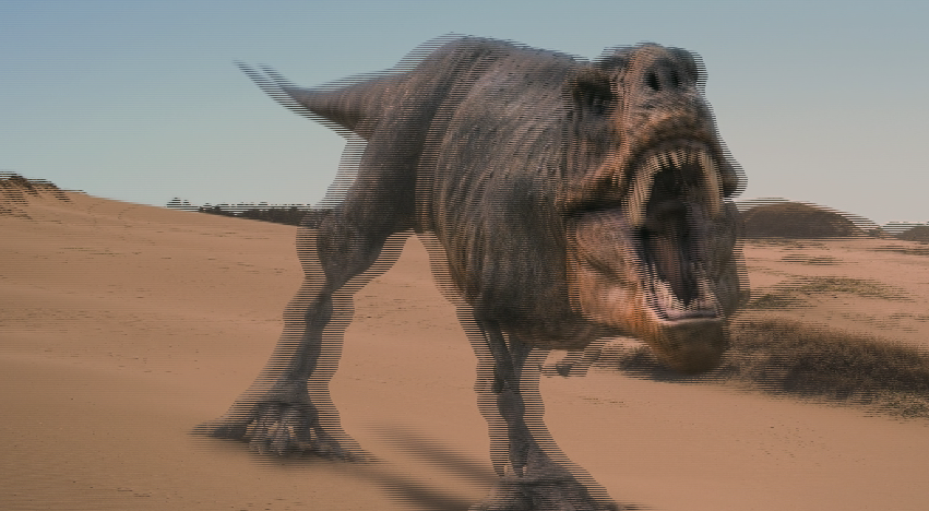 A roaring Tyrannosaurus Rex depicted in a 3D interlaced style, set against a sandy landscape, showcasing the majestic and fierce nature of this iconic dinosaur.