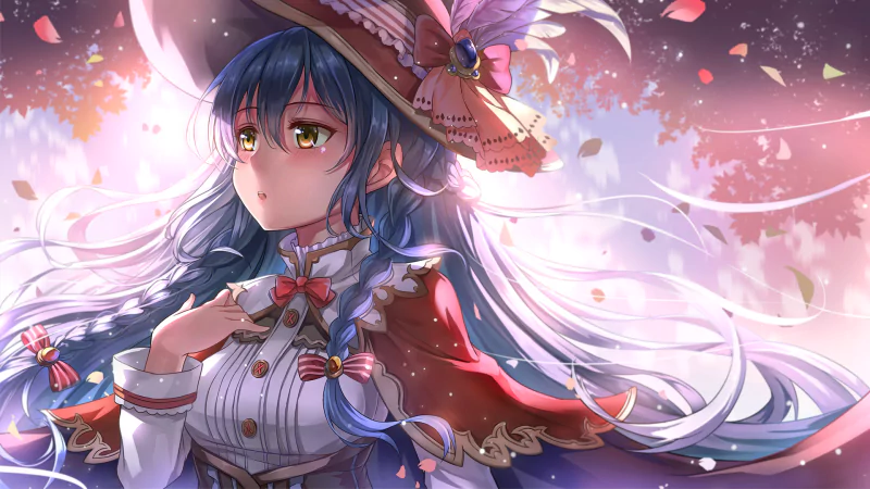 Umi Sonoda from Love Live! — blue‑haired anime girl in an ornate hat and cape, gazing at a glowing sky as cherry petals drift around her.