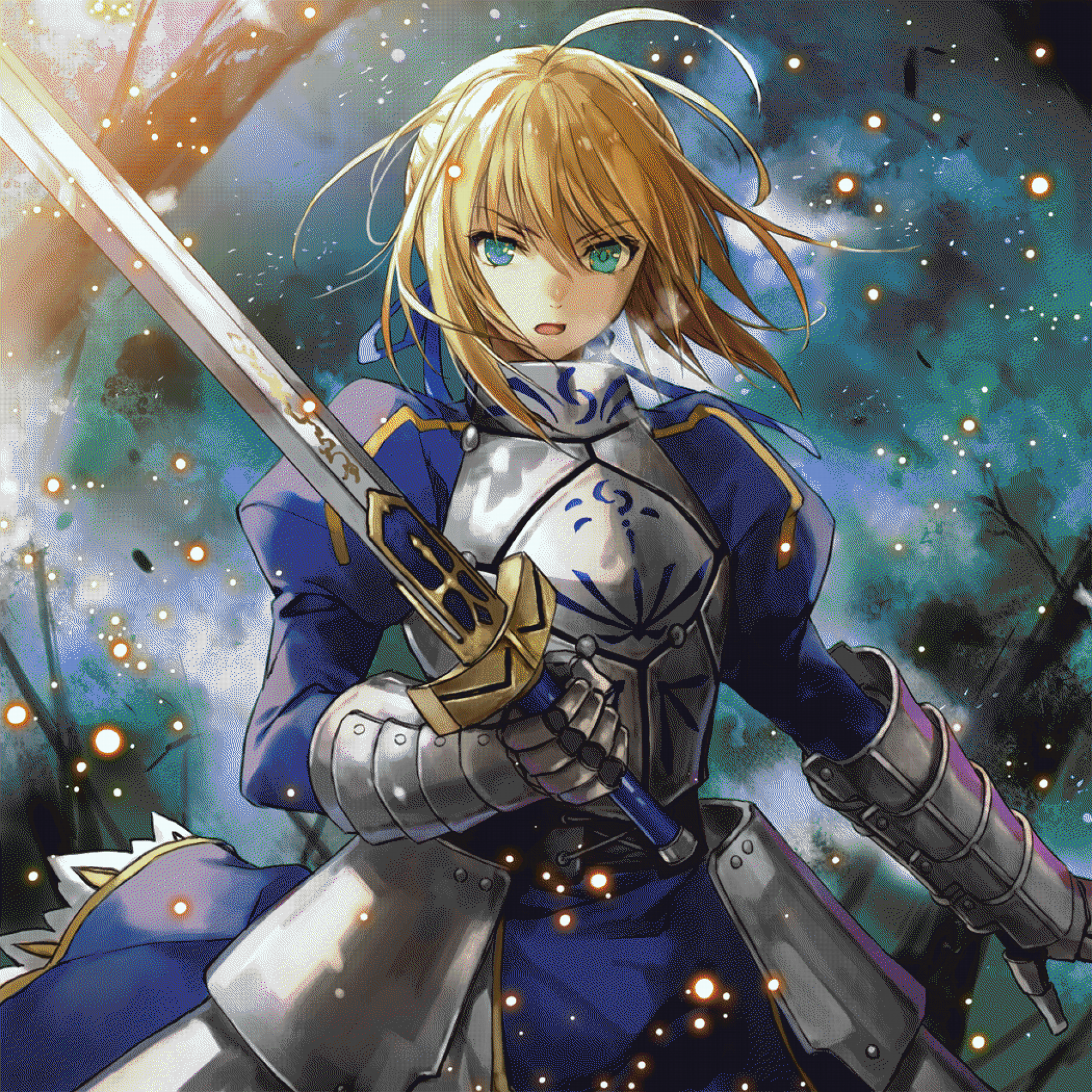 A powerful depiction of Saber from the Fate series, this anime-inspired image features the iconic swordsman in armor, ready for battle against a mystical backdrop.