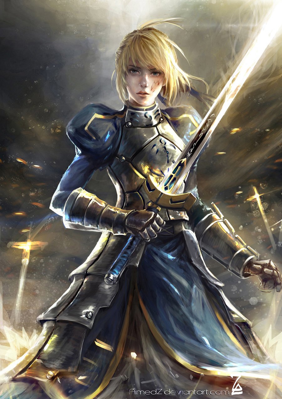 A fierce knight from the Fate Series, Saber stands confidently in armor, wielding a sword with a dynamic background of light and motion, embodying the spirit of anime action.