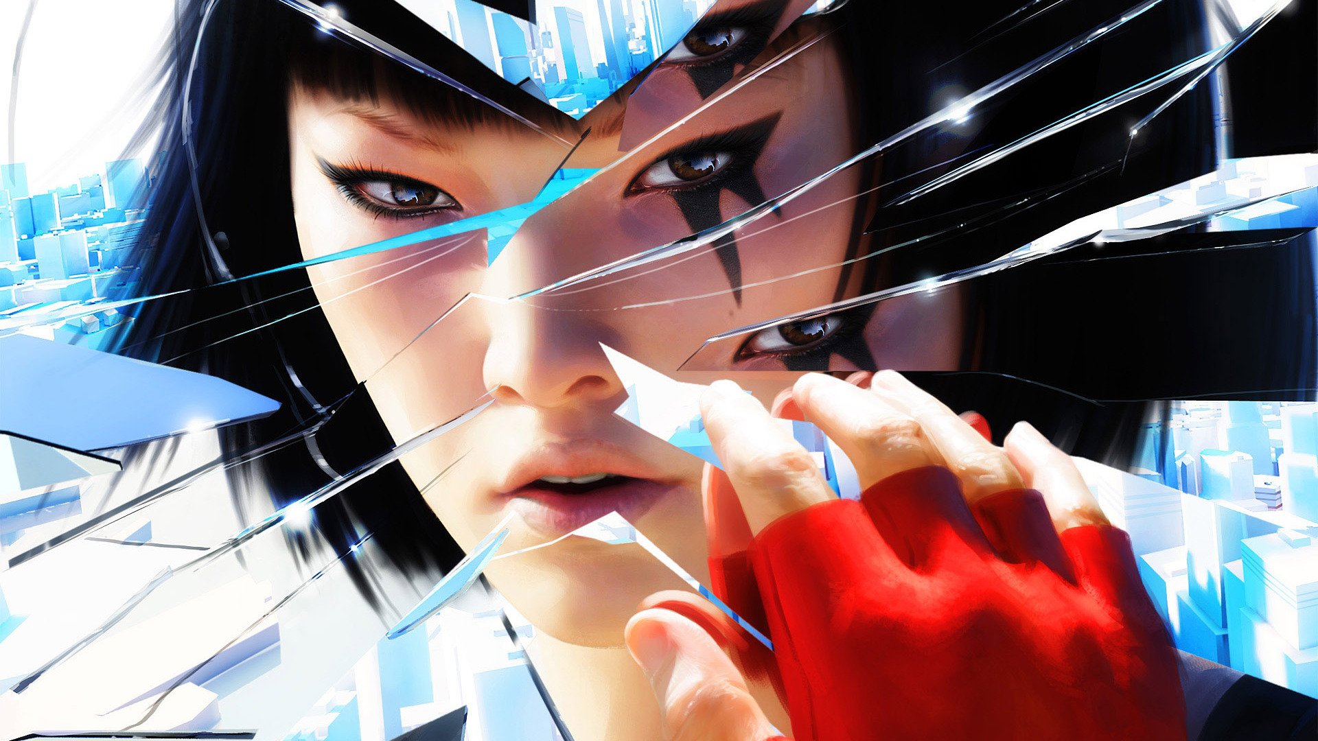 A close-up of a character from the video game Mirror's Edge, featuring sharp facial features and a hand reaching toward a shattered glass surface, reflecting a vibrant cityscape.