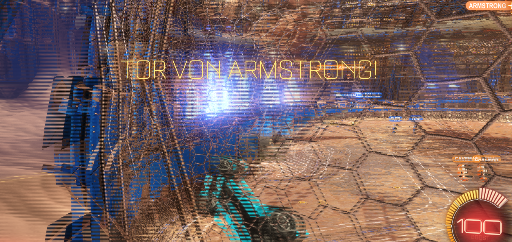 A 3D video game scene from Rocket League shows a goal scored with TØR VON ARMSTRONG! displayed, featuring an interlaced visual effect and a car near the net.